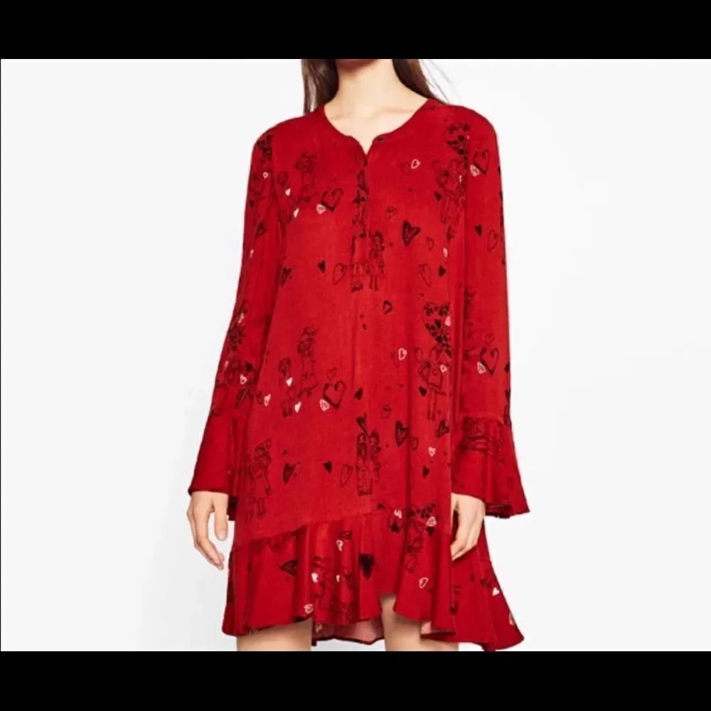 Zara red print dropped waist mini shirt dress S